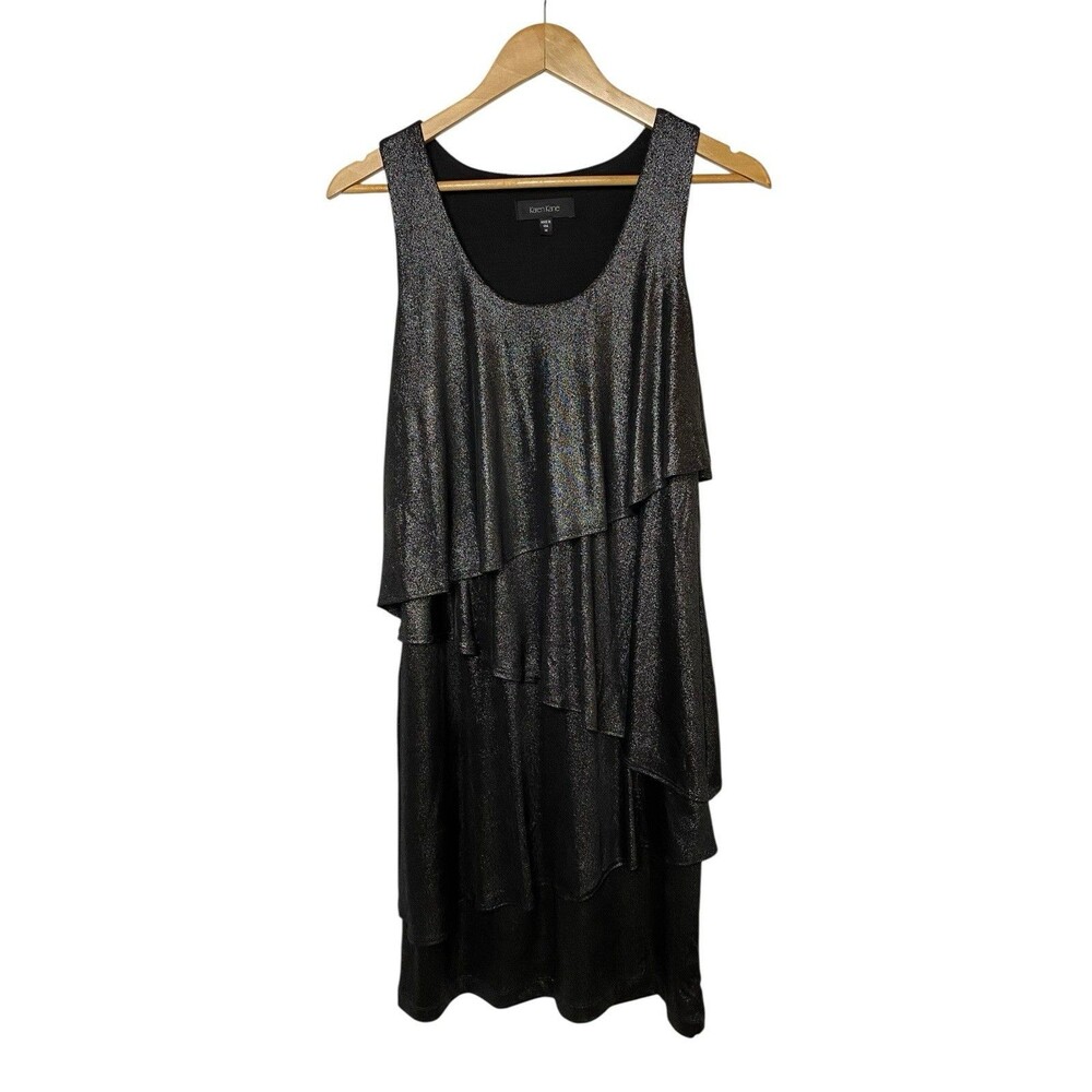 Karen Kane Metallic Black Tiered Dress Women's M Sleeveless Layered Ruffle USA